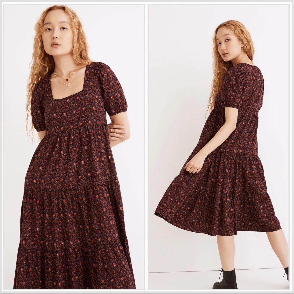 Madewell Floral Midi Dress in Black and Red